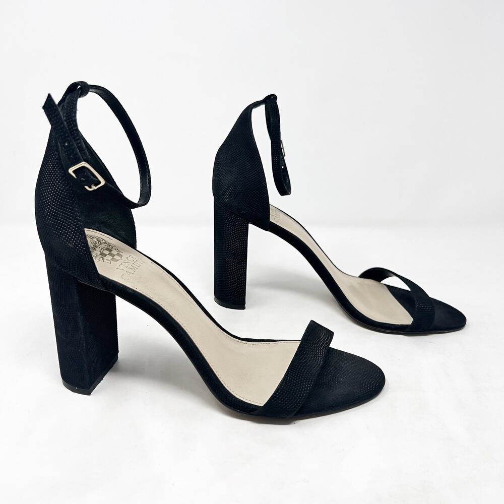 [Vince Camuto] Black Leather Mairana Minimalist Chunky Block Heel Sandals Sz 10